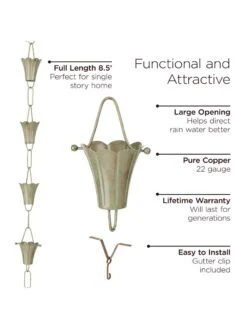Fluted Flower Pure Copper Rain Chain, 8.5' -Eco Garden Shop 8612742 03v